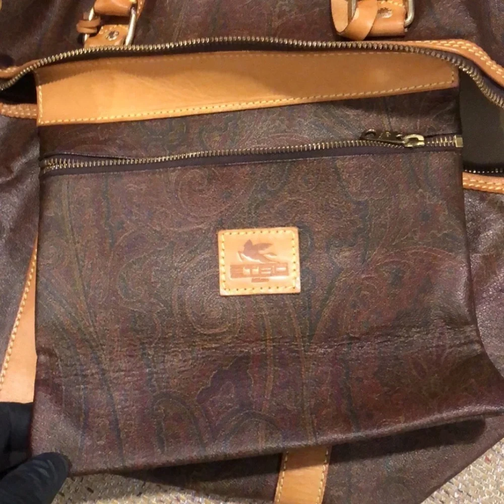 ETRO MILANO Paisley Coated Canvas Vachetta Leather Boston Shoulder Weekend Bag